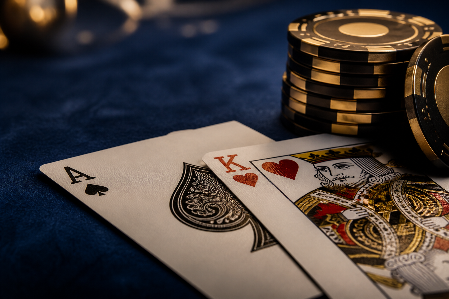 Ace of spades and king of hearts on dark felt beside a stack of black and gold poker chips
